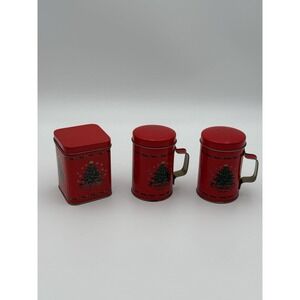 Vintage Tin Christmas Tree Salt & Pepper Shakers Red w/Handle Small Canister Set